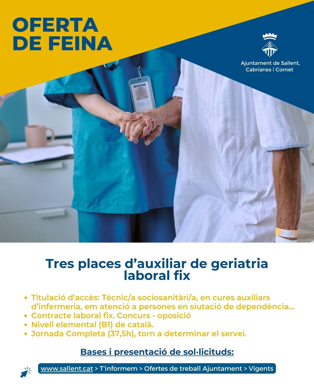 L'Ajuntament de Sallent necessita cobrir 3  places d'auxiliar de geriatria, com a personal laboral fix