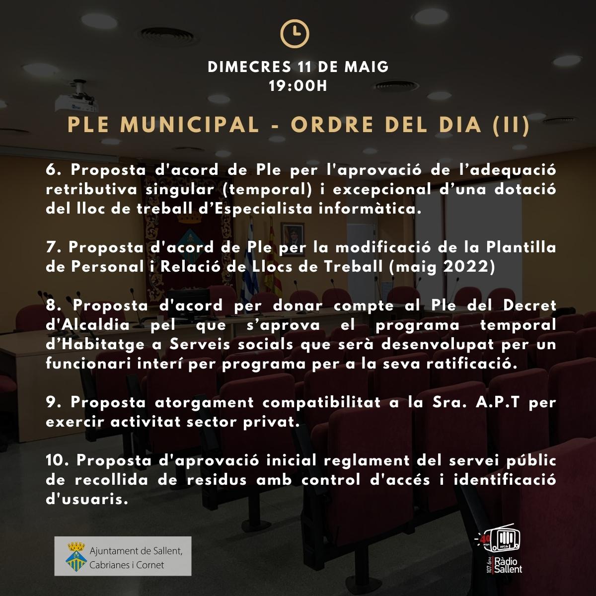 Convocatòria Ple Municipal Ordinari 11 de maig de 2022