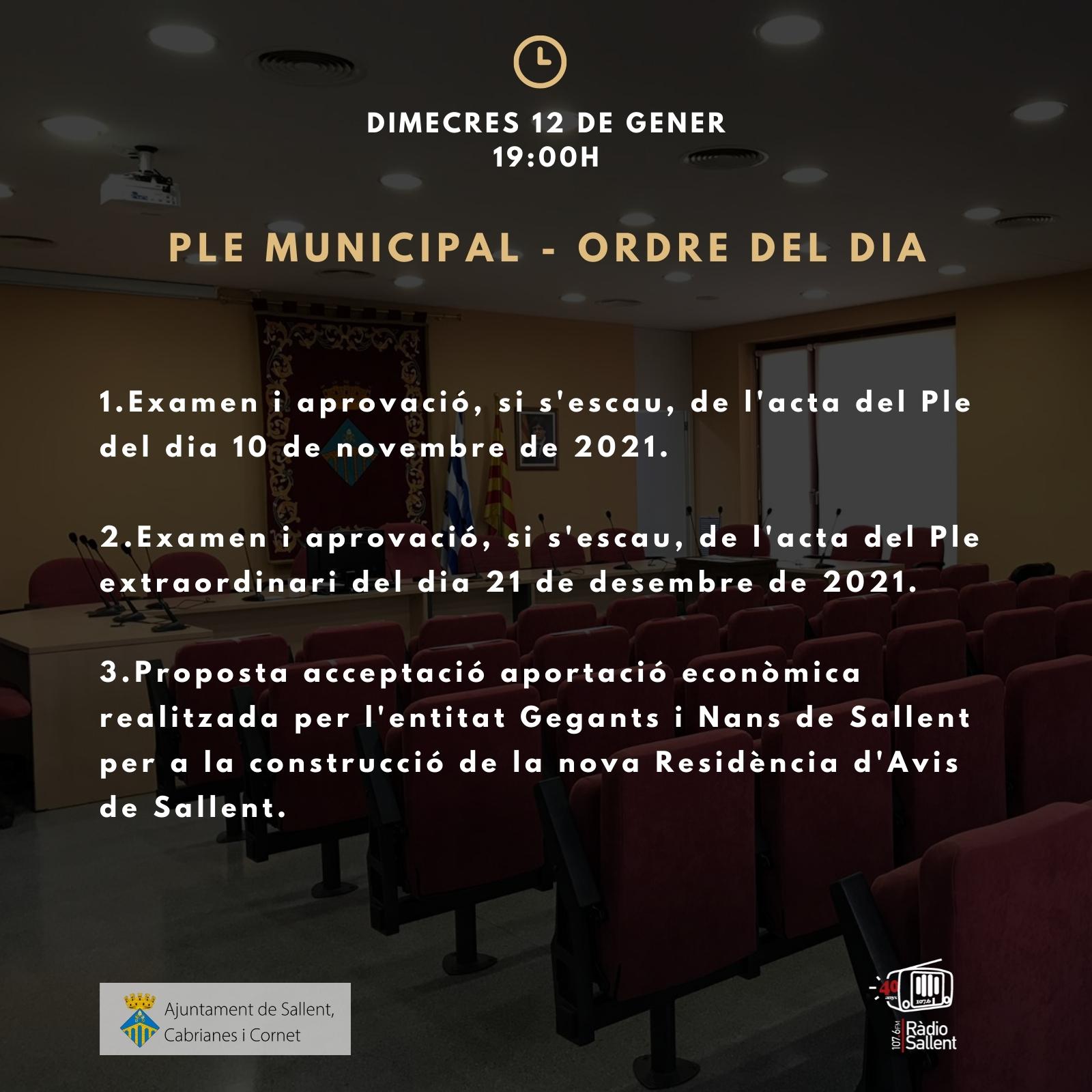 Convocatòria del Ple Municipal del 12 de gener de 2022