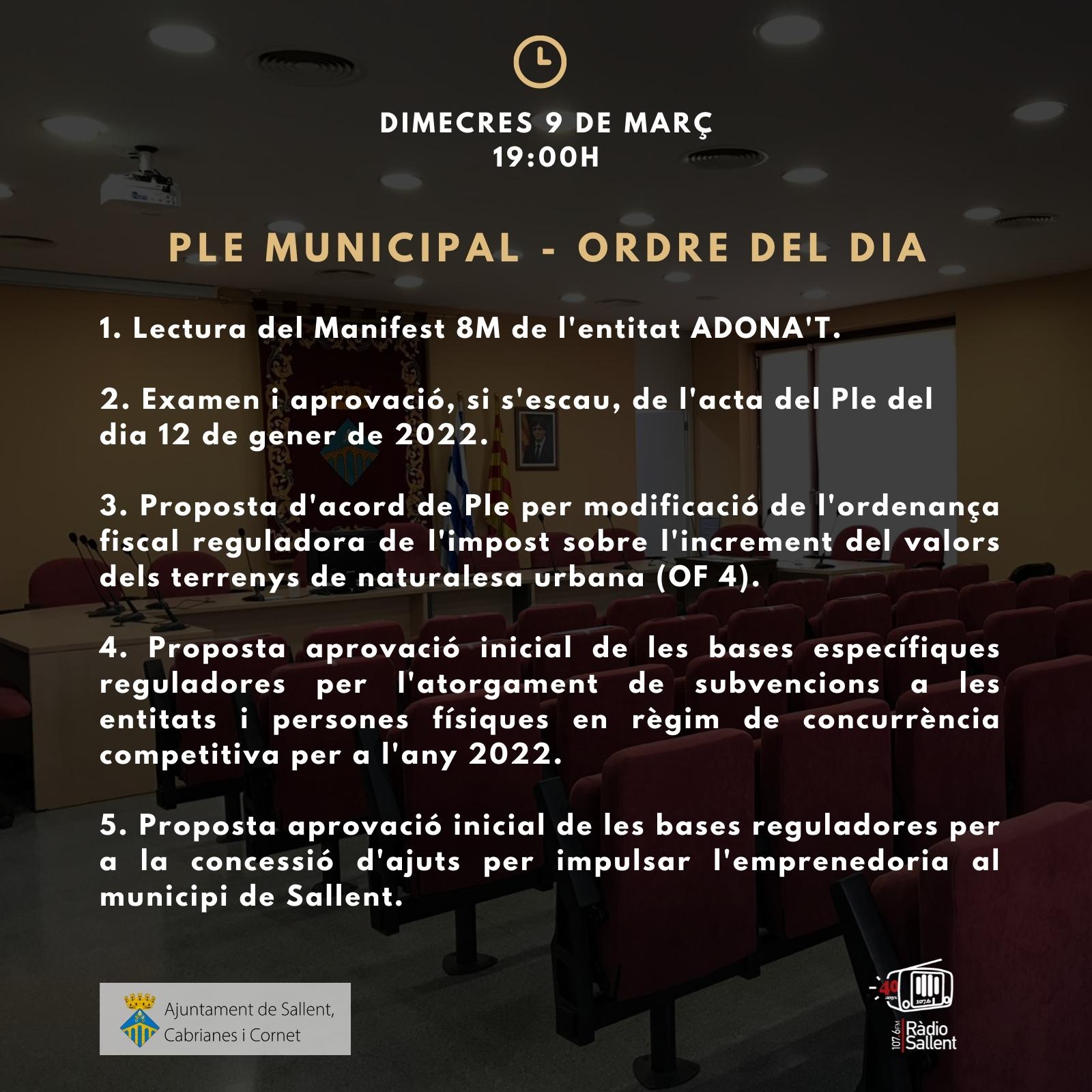 Convocatòria del Ple Municipal del 9 de març de 2022