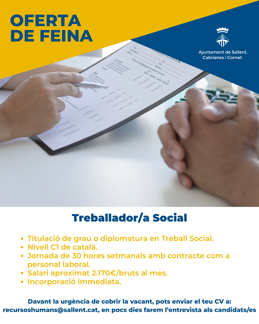 L'Ajuntament de Sallent necessita cobrir una pla&ccedil;a d'un/a treballador/a social